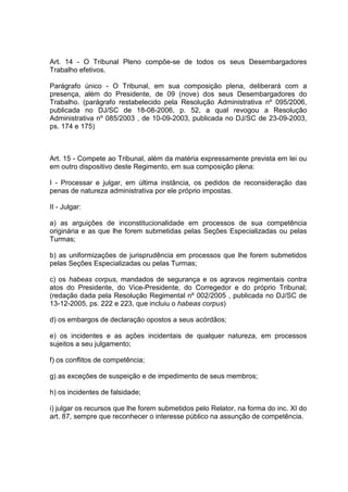Art. 14 - O Tribunal Pleno compõe-se de todos os seus Desembargadores
Trabalho efetivos.
Parágrafo único - O Tribunal, em sua composição plena, deliberará com a
presença, além do Presidente, de 09 (nove) dos seus Desembargadores do
Trabalho. (parágrafo restabelecido pela Resolução Administrativa nº 095/2006,
publicada no DJ/SC de 18-08-2006, p. 52, a qual revogou a Resolução
Administrativa nº 085/2003 , de 10-09-2003, publicada no DJ/SC de 23-09-2003,
ps. 174 e 175)
Art. 15 - Compete ao Tribunal, além da matéria expressamente prevista em lei ou
em outro dispositivo deste Regimento, em sua composição plena:
I - Processar e julgar, em última instância, os pedidos de reconsideração das
penas de natureza administrativa por ele próprio impostas.
II - Julgar:
a) as arguições de inconstitucionalidade em processos de sua competência
originária e as que lhe forem submetidas pelas Seções Especializadas ou pelas
Turmas;
b) as uniformizações de jurisprudência em processos que lhe forem submetidos
pelas Seções Especializadas ou pelas Turmas;
c) os habeas corpus, mandados de segurança e os agravos regimentais contra
atos do Presidente, do Vice-Presidente, do Corregedor e do próprio Tribunal;
(redação dada pela Resolução Regimental nº 002/2005 , publicada no DJ/SC de
13-12-2005, ps. 222 e 223, que incluiu o habeas corpus)
d) os embargos de declaração opostos a seus acórdãos;
e) os incidentes e as ações incidentais de qualquer natureza, em processos
sujeitos a seu julgamento;
f) os conflitos de competência;
g) as exceções de suspeição e de impedimento de seus membros;
h) os incidentes de falsidade;
i) julgar os recursos que lhe forem submetidos pelo Relator, na forma do inc. XI do
art. 87, sempre que reconhecer o interesse público na assunção de competência.
 
