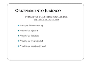 ORDENAMIENTO JURÍDICO
        PRINCIPIOS CONSTITUCIONALES DEL
               SISTEMA TRIBUTARIO

  Principio de reserva de ley

  Principio de equidad

  Principio de eficiencia

  Principio de progresividad

  Principio de no retroactividad
 