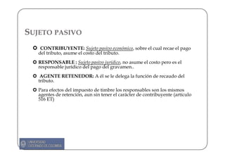 SUJETO PASIVO
    CONTRIBUYENTE: Sujeto pasivo económico, sobre el cual recae el pago
   del tributo, asume el costo del tributo.
   RESPONSABLE : Sujeto pasivo jurídico, no asume el costo pero es el
   responsable jurídico del pago del gravamen..
    AGENTE RETENEDOR: A él se le delega la función de recaudo del
   tributo.
   Para efectos del impuesto de timbre los responsables son los mismos
   agentes de retención, aun sin tener el carácter de contribuyente (artículo
   516 ET)
 