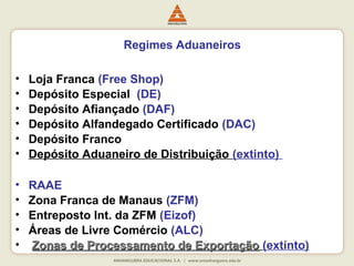 Regimes Aduaneiros 
• Loja Franca (Free Shop) 
• Depósito Especial (DE) 
• Depósito Afiançado (DAF) 
• Depósito Alfandegado Certificado (DAC) 
• Depósito Franco 
• Depósito Aduaneiro de Distribuição (extinto) 
• RAAE 
• Zona Franca de Manaus (ZFM) 
• Entreposto Int. da ZFM (Eizof) 
• Áreas de Livre Comércio (ALC) 
• Zonas de Processamento ddee EExxppoorrttaaççããoo (extinto) 
 