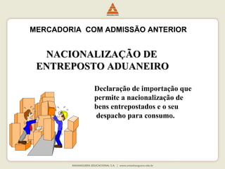 MERCADORIA COM ADMISSÃO ANTERIOR 
NNAACCIIOONNAALLIIZZAAÇÇÃÃOO DDEE 
EENNTTRREEPPOOSSTTOO AADDUUAANNEEIIRROO 
Declaração de importação que 
permite a nacionalização de 
bens entrepostados e o seu 
despacho para consumo. 
 