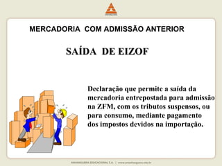 MERCADORIA COM ADMISSÃO ANTERIOR 
SSAAÍÍDDAA DDEE EEIIZZOOFF 
Declaração que permite a saída da 
mercadoria entrepostada para admissão 
na ZFM, com os tributos suspensos, ou 
para consumo, mediante pagamento 
dos impostos devidos na importação. 
 