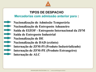 TIPOS DE DESPACHO 
Mercadorias com admissão anterior para : 
Nacionalização de Admissão Temporária 
Nacionalização de Entreposto Aduaneiro 
Saída de EIZOF - Entreposto Internacional da ZFM 
Saída de Entreposto Industrial 
Nacionalização de DE 
Nacionalização de DAD (extinto) 
Internação de ZFM-PI (Produto Industrializado) 
Internação de ZFM-PE (Produto Estrangeiro) 
Internação de ALC 
 