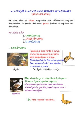 ADAPTAÇÕES DAS AVES AOS REGIMES ALIMENTARES
(BICOS E PATAS)
As aves têm os bicos adaptados aos diferentes regimes
alimentares. A forma das suas patas facilita a captura dos
alimentos.
AS AVES SÃO:
1. CARNÍVORAS
2. INSECTÍVORAS
3. GRANÍVORAS
1- CARNÍVORAS
- Possuem o bico forte e curvo,
em forma de gancho, próprio
para despedaçar a presa.
-Têm as patas fortes e com garras

Águia

bem desenvolvidas, que ajudam
a capturar a presa.

Ex. Águia – falcão – coruja...

-Têm o bico largo e comprido próprio para
filtrar a água e apanhar o peixe.
- Possuem as patas com uma membrana

gaivota

interdigital o que lhe permite procurar o
alimento na água.

Ex. Pato – ganso – gaivota...

 