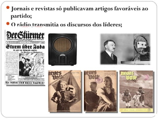 Jornais e revistas só publicavam artigos favoráveis ao
partido;
O rádio transmitia os discursos dos líderes;
 