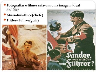 Fotografias e filmes criavam uma imagem ideal
do líder
Mussolini-Duce(chefe)
Hitler- Fuhrer(guia)
 