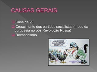  Crise de 29
 Crescimento dos partidos socialistas (medo da
burguesia no pós Revolução Russa)
 Revanchismo.
 