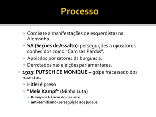 ▪ Combate a manifestações de esquerdistas na
    Alemanha.
  ▪ SA (Seções de Assalto): perseguições a opositores,
    conhecidos como “Camisas Pardas”.
  ▪ Apoiados por setores da burguesia.
  ▪ Derrotados nas eleições parlamentares.
 1923: PUTSCH DE MONIQUE – golpe fracassado dos
  nazistas.
  ▪ Hitler é preso
  ▪ “Mein Kampf” (Minha Luta)
    ▪ Princípios básicos do nazismo
    ▪ anti-semitismo (perseguição aos judeus)
 