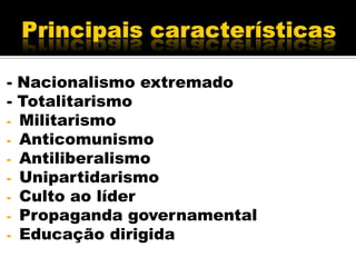 - Nacionalismo extremado
- Totalitarismo
- Militarismo
- Anticomunismo
- Antiliberalismo
- Unipartidarismo
- Culto ao líder
- Propaganda governamental
- Educação dirigida
 