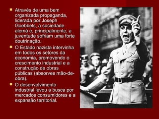  Através de uma bemAtravés de uma bem
organizada propaganda,organizada propaganda,
liderada por Josephliderada por Joseph
Goebbels, a sociedadeGoebbels, a sociedade
alemã e, principalmente, aalemã e, principalmente, a
juventude sofriam uma fortejuventude sofriam uma forte
doutrinação.doutrinação.
 O Estado nazista intervinhaO Estado nazista intervinha
em todos os setores daem todos os setores da
economia, promovendo oeconomia, promovendo o
crescimento industrial e acrescimento industrial e a
construção de obrasconstrução de obras
públicas (absorves mão-de-públicas (absorves mão-de-
obra).obra).
 O desenvolvimentoO desenvolvimento
industrial levou a busca porindustrial levou a busca por
mercados consumidores e amercados consumidores e a
expansão territorial.expansão territorial.
 
