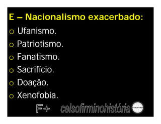 E – Nacionalismo exacerbado:
o Ufanismo.
o   Patriotismo.
o   Fanatismo.
o   Sacrifício.
o   Doação.
o   Xenofobia.
 
