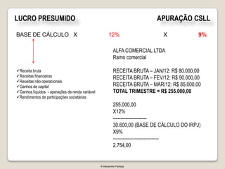 LUCRO PRESUMIDO                                                              APURAÇÃO CSLL

BASE DE CÁLCULO X                                      12%                     X              9%

                                                           ALFA COMERCIAL LTDA
                                                           Ramo comercial

Receita bruta                                             RECEITA BRUTA – JAN/12: R$ 80.000,00
Receitas financeiras                                      RECEITA BRUTA – FEV/12: R$ 90.000,00
Receitas não operacionais
Ganhos de capital                                         RECEITA BRUTA – MAR/12: R$ 85.000,00
Ganhos líquidos - operações de renda variável             TOTAL TRIMESTRE = R$ 255.000,00
Rendimentos de participações societárias
                                                           255.000,00
                                                           X12%
                                                           ----------------------
                                                           30.600,00 (BASE DE CÁLCULO DO IRPJ)
                                                           X9%
                                                           ------------------------------
                                                           2.754,00


                                                 © Alexandre Pantoja
 