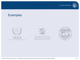 p. 21Regime Theory | Becky Cooper , Abdul Adeel and Saskia Kawczynski | Political Science/Chair of International Relations
Examples
 
