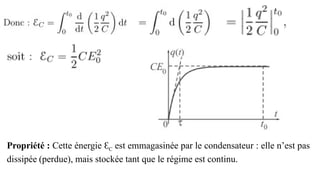 Propriété : Cette énergie ԐC est emmagasinée par le condensateur : elle n’est pas
dissipée (perdue), mais stockée tant que le régime est continu.
 