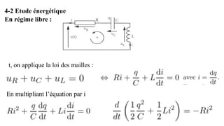 4-2 Etude énergétique
En régime libre :
t, on applique la loi des mailles :
En multipliant l’équation par i
 