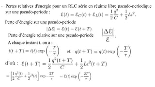 - Pertes relatives d'énergie pour un RLC série en régime libre pseudo-periodique
sur une pseudo-periode :
Perte d’énergie relative sur une pseudo-periode
Perte d’énergie sur une pseudo-periode
A chaque instant t, on a :
 