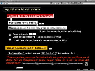 Armand Figuera




La política racial del nazisme

   Recerca de la raça alemanya pura (Ària)
   Recerca de la raça alemanya pura (Ària)

     Política de neteja ètnica

     Repressió contra les minories, grups socials, dissidents
                                  (Jueus, homosexuals, ètnies minoritàries)
          Decret antisemita
          Lleis de Nuremberg (15 de setembre de 1935)
          La nit dels vidres trencats (9 de novembre de 1938)


  Camps de concentració i holocaust

   “Solució final” amb el decret “Nit i boira” (7 desembre 1941)
  “Totes aquelles persones l’existència de les quals pot ser perillosa per al
  Reich han de desaparèixer sense deixar rastre en la nit i la boira del
  desconegut”

                                                                       Inici   tornar   sortir
 