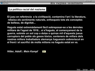 Armand Figuera




 La política racial del nazisme
 La política racial del nazisme

El jueu en referència a la civilització, contamina l'art i la literatura,
rebaixa els sentiments naturals, enfosqueix tots els conceptes
de bellesa, de dignitat...
Hagués estat extremàdament fàcil sobreposar-se a les derrotes
militars de l'agost de 1918... si s'hagués, al començament de la
guerra, sotmés un sol cop a dotze o quinze mil d'aquests jueus
corruptors del poble als gasos tòxics, centeners de millars dels
nostres millors treballadors alemanys haguessin sobreviscut en
el front i el sacrifici de molts milions no hagués estat en va.


Hitler, Adolf.: Mein Kampf




                                                                Inici   tornar   sortir
 