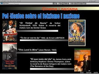 Armand Figuera



                                       Cinema i nazisme


                 "El   Timbal   de   llauna"  de Volker
                 Schlöndorff, 1978. Sobre la novel·la del
                 mateix nom de Günter Grass




                 “To be or not to be” 1942, de Ernst LUBITSCH




            "This Land Is Mine" (Jean Renoir, 1943)



                           "El que resta del dia" de James Ivory amb
                           Anthony Hopkins i Emma Thompson, sobre
                           la novel·la de Kazuo Ishiguro del mateix nom
                           (The Remains of the Day).


                                                                          Inici   tornar   sortir
 