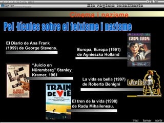 Armand Figuera



                                      Cinema i nazisme



El Diario de Ana Frank
(1959) de George Stevens.                   Europa, Europa (1991)
                                            de Agnieszka Holland

                     “Juicio en
                     Nüremberg” Stanley
                     Kramer, 1961
                                               La vida es bella (1997)
                                               de Roberto Benigni



                                          El tren de la vida (1998)
                                          de Radu Mihaileneau.


                                                                         Inici   tornar   sortir
 