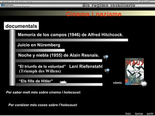 Armand Figuera



                                   Cinema i nazisme
documentals
       Memoria de los campos (1946) de Alfred Hitchcock.

       Juicio en Nüremberg

        Noche y niebla (1955) de Alain Resnais.

       "El triunfo de la voluntad" Leni Riefenstahl
        (Triumph des Willens)

        “Els fills de Hitler"                                còmic


Per saber molt més sobre cinema i holocaust:
http://www.fmh.org.ar/holocausto/holocaustoycultura/cine_lacaida.htm

 Per conèixer més coses sobre l’holocaust      Http://WWW.wiesenthal.com

                                                                     Inici   tornar   sortir
 