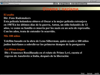 Armand Figuera



                                 Cinema i nazisme
El asalto
Dir. Fons Rademakers
Esta película holandesa obtuvo el Oscar a la mejor película extranjera
en 1987En los últimos días de la guerra, Anton, un niño holandés de 12
años, ve como su familia es muerta por los nazis en un acto de represalia.
Con los años, trata de entender lo ocurrido.
Mis 100 niños
Telefilm basado en la obra de Lena Silberman, quien ayudó a 100 niños
judíos huérfanos a sobrellevar los primeros tiempos de la postguerra
La última tregua
Dir.: Francesco RossiBasada en el relato de Primo Levi, cuenta el
regreso de Auschwitz a Italia, después de la liberación




                                                                  Inici   tornar   sortir
 