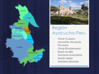 Región
Ayacucho-Peru
• Omar Cuizano
• Leonardo Alvarado
• Pio Mora
• Omar Rivadeneyra
• Keyla Acalla
• Somanta Avendaño
• Martin Mejía
• Maritere Miranda
 