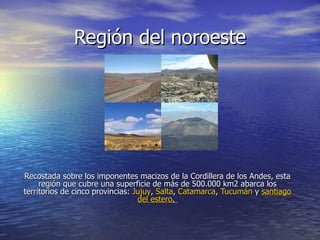 Región del noroeste Recostada sobre los imponentes macizos de la Cordillera de los Andes, esta región que cubre una superficie de más de 500.000 km2 abarca los territorios de cinco provincias:  Jujuy ,  Salta ,  Catamarca ,  Tucumán  y  santiago del estero .  