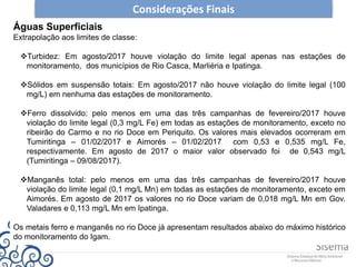 Considerações Finais
Águas Superficiais
Extrapolação aos limites de classe:
Turbidez: Em agosto/2017 houve violação do limite legal apenas nas estações de
monitoramento, dos municípios de Rio Casca, Marliéria e Ipatinga.
Sólidos em suspensão totais: Em agosto/2017 não houve violação do limite legal (100
mg/L) em nenhuma das estações de monitoramento.
Ferro dissolvido: pelo menos em uma das três campanhas de fevereiro/2017 houve
violação do limite legal (0,3 mg/L Fe) em todas as estações de monitoramento, exceto no
ribeirão do Carmo e no rio Doce em Periquito. Os valores mais elevados ocorreram em
Tumiritinga – 01/02/2017 e Aimorés – 01/02/2017 com 0,53 e 0,535 mg/L Fe,
respectivamente. Em agosto de 2017 o maior valor observado foi de 0,543 mg/L
(Tumiritinga – 09/08/2017).
Manganês total: pelo menos em uma das três campanhas de fevereiro/2017 houve
violação do limite legal (0,1 mg/L Mn) em todas as estações de monitoramento, exceto em
Aimorés. Em agosto de 2017 os valores no rio Doce variam de 0,018 mg/L Mn em Gov.
Valadares e 0,113 mg/L Mn em Ipatinga.
Os metais ferro e manganês no rio Doce já apresentam resultados abaixo do máximo histórico
do monitoramento do Igam.
 