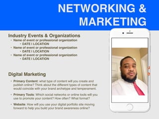 NETWORKING &
MARKETING
Industry Events & Organizations
• Name of event or professional organization
‣ DATE | LOCATION
• Name of event or professional organization
‣ DATE | LOCATION
• Name of event or professional organization
‣ DATE | LOCATION
Digital Marketing
• Primary Content: what type of content will you create and
publish online? Think about the different types of content that
would coincide with your brand archetype and temperament.
• Primary Tools: Which social networks or online tools will you
use to promote your content? How often? What format?
• Website: How will you use your digital portfolio site moving
forward to help you build your brand awareness online?
Picture of You
Goes Here
 