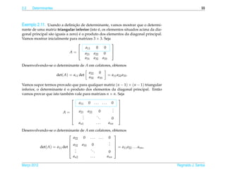 2.2   Determinantes                                                                                    99



Exemplo 2.11. Usando a deﬁnicao de determinante, vamos mostrar que o determi-
                            ¸˜
                                                ´
nante de uma matriz triangular inferior (isto e, os elementos situados acima da dia-
                                    ´
gonal principal s˜ o iguais a zero) e o produto dos elementos da diagonal principal.
                 a
Vamos mostrar inicialmente para matrizes 3 × 3. Seja
                                                      
                                        a11   0   0
                              A= a
                                                      
                                         21 a22   0    
                                        a31 a32 a33
Desenvolvendo-se o determinante de A em cofatores, obtemos
                                          a22    0
                      det( A) = a11 det               = a11 a22 a33 .
                                          a32   a33

Vamos supor termos provado que para qualquer matriz (n − 1) × (n − 1) triangular
                         ´
inferior, o determinante e o produto dos elementos da diagonal principal. Ent˜ o
                                                                             a
vamos provar que isto tamb´ m vale para matrizes n × n. Seja
                            e
                                                       
                                 a11 0 . . . . . . 0
                                                       
                                                    . 
                                                     . 
                               a21 a22      0       . 
                        A=
                                   .
                                    .      ..           
                                   .         .     0 
                                 an1       ...    ann
Desenvolvendo-se o determinante de A em cofatores, obtemos
                                                   
                             a22 0 . . . . . . 0
                                               . 
                                                . 
                            a   a33 0          . 
         det( A) = a11 det  32
                            .                       = a11 a22 . . . ann ,
                               .      ..
                            .           .      0 
                             an2      ...      ann

Marco 2012
   ¸                                                                                   Reginaldo J. Santos
 
