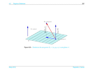 4.2   ˆ
      Angulos e Distˆ ncias
                    a                                                                                                             257




                                                        P0 = ( x0 , y0 , z0 )




                                                         dist( P0 , π )




                                                                                     proj N P1 P0
                                   N = ( a, b, c)




                                                                                −→
                                                                                           P1 = ( x1 , y1 , z1 )
                               π



                         Figura 4.26 – Distˆ ncia de um ponto P0 = ( x0 , y0 , z0 ) a um plano π
                                           a




Marco 2012
   ¸                                                                                                               Reginaldo J. Santos
 