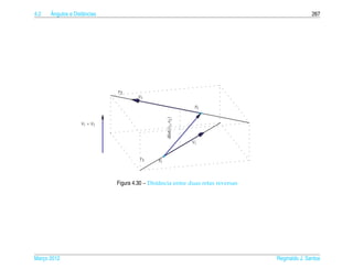 4.2   ˆ
      Angulos e Distˆ ncias
                    a                                                                             267




                              r2
                                      V2

                                                                      P2




                                                    dist(r1 , r2 )
                    V1 × V2



                                                                     V1



                                       r1      P1




                              Figura 4.30 – Distˆ ncia entre duas retas reversas
                                                a




Marco 2012
   ¸                                                                               Reginaldo J. Santos
 
