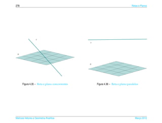 278                                                                               Retas e Planos




                   r
                                                r




 π



                                                π




      Figura 4.35 – Reta e plano concorrentes       Figura 4.36 – Reta e plano paralelos




Matrizes Vetores e Geometria Anal´tica
                                 ı                                                   Marco 2012
                                                                                        ¸
 