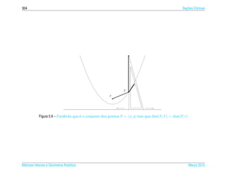 304                                                                                                          ¸˜
                                                                                                           Secoes Cˆ nicas
                                                                                                                   o




                                                                    P

                                                           F




            Figura 5.9 – Par´ bola que e o conjunto dos pontos P = ( x, y) tais que dist( P, F ) = dist( P, r )
                            a          ´




Matrizes Vetores e Geometria Anal´tica
                                 ı                                                                                Marco 2012
                                                                                                                     ¸
 