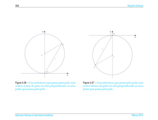 334                                                                                              ¸˜
                                                                                               Secoes Cˆ nicas
                                                                                                       o




                              y                                                y
                                                                                   θ

                                                                                                     x



                                             P


                                                                        r



                          C
                                                                                   C
                                         r




                                                                 P


                                  θ

                                                 x



Figura 5.36 – Circunferˆ ncia que passa pelo polo com
                       e                                Figura 5.37 – Circunferˆ ncia que passa pelo polo com
                                                                               e
centro acima do polo na reta perpendicular ao eixo      centro abaixo do polo na reta perpendicular ao eixo
polar que passa pelo polo                               polar que passa pelo polo




Matrizes Vetores e Geometria Anal´tica
                                 ı                                                                 Marco 2012
                                                                                                      ¸
 