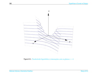 382                                                                                    Superf´cies e Curvas no Espaco
                                                                                             ı                     ¸



                                                          z




                                                                                       y
                                         x




                       Figura 6.18 – Paraboloide hiperbolico e intersecoes com os planos z = k
                                                       ´              ¸˜




Matrizes Vetores e Geometria Anal´tica
                                 ı                                                                       Marco 2012
                                                                                                            ¸
 