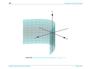 396                                                                                    Superf´cies e Curvas no Espaco
                                                                                             ı                     ¸




                                                                    z




                                          x
                                                                                            y




                             Figura 6.28 – Cilindro parabolico de equacao y2 = 4px, p > 0
                                                         ´            ¸˜




Matrizes Vetores e Geometria Anal´tica
                                 ı                                                                       Marco 2012
                                                                                                            ¸
 