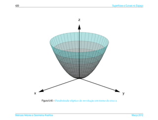 420                                                                                    Superf´cies e Curvas no Espaco
                                                                                             ı                     ¸




                                                          z




                   x                                                                            y
                                                                      ¸˜
                          Figura 6.40 – Paraboloide el´ptico de revolucao em torno do eixo z
                                                      ı




Matrizes Vetores e Geometria Anal´tica
                                 ı                                                                       Marco 2012
                                                                                                            ¸
 