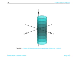 432                                                                                    Superf´cies e Curvas no Espaco
                                                                                             ı                     ¸




                                                         z




                                 x                                                 y




                 Figura 6.46 – Cilindro circular de equacao em coordenadas cil´ndricas r = a sen θ
                                                        ¸˜                    ı




Matrizes Vetores e Geometria Anal´tica
                                 ı                                                                       Marco 2012
                                                                                                            ¸
 