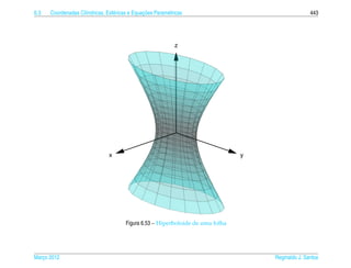 6.3                  ı            e             ¸˜
      Coordenadas Cil´ndricas, Esf´ ricas e Equacoes Param´ tricas
                                                          e                                          443




                                                              z




                                x                                                 y




                                        Figura 6.53 – Hiperboloide de uma folha




Marco 2012
   ¸                                                                                  Reginaldo J. Santos
 