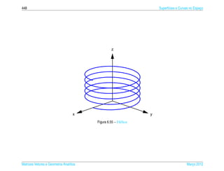 448                                                                  Superf´cies e Curvas no Espaco
                                                                           ı                     ¸




                                                  z




                                    x                            y
                                         Figura 6.55 – H´ lice
                                                        e




Matrizes Vetores e Geometria Anal´tica
                                 ı                                                     Marco 2012
                                                                                          ¸
 
