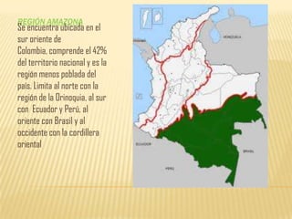 REGIÓN AMAZONA Se encuentra ubicada en el sur oriente de Colombia, comprende el 42% del territorio nacional y es la región menos poblada del país. Limita al norte con la región de la Orinoquia, al sur con  Ecuador y Perú, al oriente con Brasil y al occidente con la cordillera oriental 