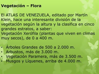 Vegetación – Flora

El ATLAS DE VENEZUELA, editado por Martín
Klein, hace una interesante división de la
vegetación según la altura y la clasifica en cinco
grandes estratos, a saber:
Vegetación Xerófila (plantas que viven en climas
muy secos), de 0 a 400 m.

•   Árboles Grandes de 500 a 2.000 m.
•   Arbustos, más de 3.000 m.
•   Vegetación Paramera, más de 3.500 m.
•   Musgos y Líquenes, arriba de 4.000 m.
 