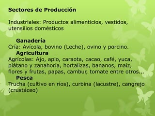 Sectores de Producción

Industriales: Productos alimenticios, vestidos,
utensilios domésticos

    Ganadería
Cría: Avícola, bovino (Leche), ovino y porcino.
    Agricultura
Agrícolas: Ajo, apio, caraota, cacao, café, yuca,
plátano y zanahoria, hortalizas, bananos, maíz,
flores y frutas, papas, cambur, tomate entre otros...
    Pesca
Trucha (cultivo en ríos), curbina (lacustre), cangrejo
(crustáceo)
 