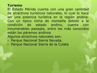 Turismo
El Estado Mérida cuenta con una gran cantidad
de atractivos turísticos naturales, lo cual lo hace
ser una potencia turística en la región andina.
Con un típico clima de montaña debido a la
condición de estado andino, cuenta con
innumerables paisajes, entre los más conocidos
están los páramos andinos
Algunos atractivos naturales son:
• Parque Nacional Sierra Nevada.
• Parque Nacional Sierra de la Culata
 