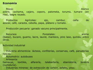 Economía

   Pesca:                                                          blanco
pobre, cachama, cajaro,      coporo,   palometa,   torumo,    tumare (en
ríos), bagre rayado.

  Productos         Agrícolas:      ajo,       cambur,       caña       de
azúcar, café, caraota, cebolla, papa, plátano y tomate.

  Producción pecuaria: ganado vacuno principalmente.

   Recursos                      Forestales:                      anime
(balso), bucare, guamo, lacre, laurel, manteco, pino laso, quindu, entre
otros.

Actividad industrial

   Industria alimenticia: lácteos, confiterías, conservas, café, panaderías
típicas.
   Automotriz: autobuses
   Artesanía:
hamacas,      textiles,  alfarería,  talabartería,   ebanistería,   tenería
(curtiduría).
   Industrias mineras: de extracción de carbón, asfalto, yeso.
 