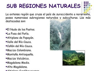 SUB REGIONES NATURALES La extensa región que cruza el país de suroccidente a nororiente, posee numerosas subregiones naturales y subculturas. Las más destacadas son: El Nudo de los Pastos.  La Fosa del Patía.  Altiplano de Popayán.  Valle del Río Cauca.  Cañón del Río Cauca.  Macizo Colombiano.  Montaña Antioqueña.  Macizo Volcánico.  Magdalena Medio.  Alto Magdalena.  Altiplano Cundiboyacense.  