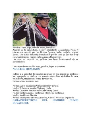 Piso frío. Papa, trigo, cebada, avena, hortalizas.
Además de la agricultura, es muy importante la ganadería (vacas y
cabras) en especial por los lácteos "quesos, leche, cuajada, yogurt,
kumis. Las ovejas son muy importantes por la lana, ya que son muy
características sus ruanas en la zona cundiboyacense.
Las aves en especial las gallinas son base fundamental de su
alimentación.
Las artesanías en arcilla, iraca, guadua, fique, entre otras.

NUCLEOS HUMANOS
Debido a la variedad de paisajes naturales en esta región las gentes se
han agrupado en núcleos con características bien definidas de raza,
costumbres, tradiciones, forma de vivir, etc.
Estos núcleos humanos son:
Núcleo Cundí boyacense: Cundinamarca y Boyacá
Núcleo Tolimense u opita: Tolima y Huila
Núcleo Caucano: Parte de Valle del Cauca y Cauca
Núcleo Santandereano: Santander y Norte de Santander
Núcleo Nariñense: Nariño
Núcleo antioqueño o Paisa: Antioquia, Caldas, Risaralda y Quindio

CARACTERÍSTICAS
BOYACENSE

DEL

HOMBRE

CUNDÍ

 