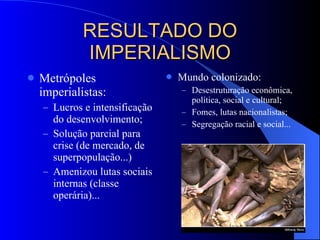 RESULTADO DO IMPERIALISMO Metrópoles imperialistas: Lucros e intensificação do desenvolvimento; Solução parcial para crise (de mercado, de superpopulação...) Amenizou lutas sociais internas (classe operária)... Mundo colonizado: Desestruturação econômica, política, social e cultural; Fomes, lutas nacionalistas; Segregação racial e social... CONDUZIU O MUNDO A 1ª GUERRA MUNDIAL. 